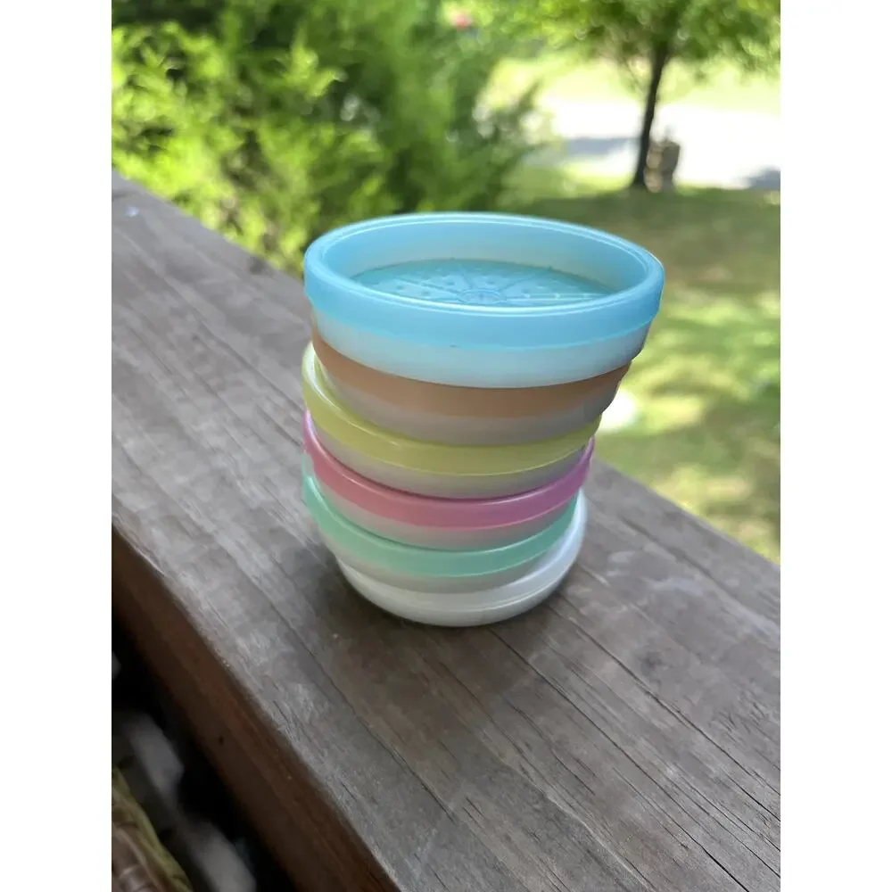 Vintage Tupperware Pastel Wagon Wheel Coasters Set with Holder Retro MCM Barware